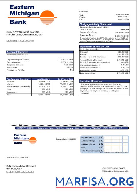 Realistic USA Eastern Michigan bank mortgage statement in Word and PDF formats template